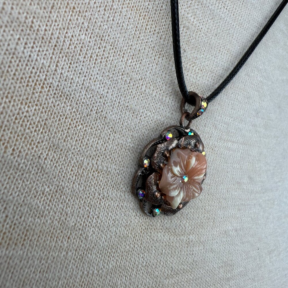 Copper Pink Enamel Rhinestone Flower Pendant Black Cord 22.5" - Picture 3 of 6